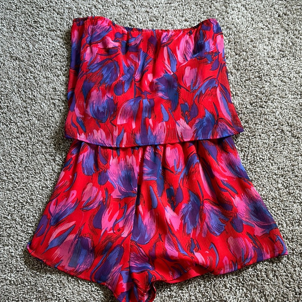 Floral Red and Purple Strapless Romper